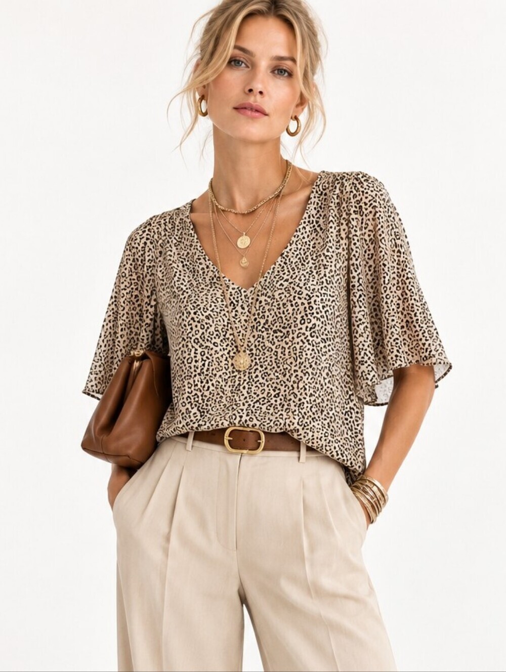 Ann Taylor Blouse Leopard Print Full Short Sleeves Size XS